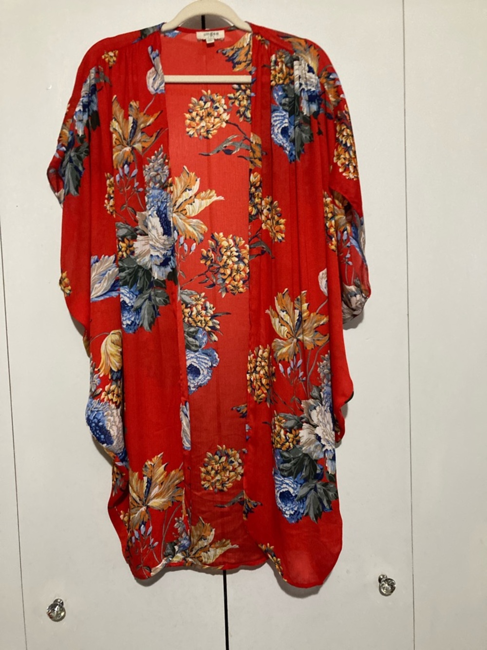 Umgee S/M Red Floral Open Front Kimono Sheer Coverup Layering Festival Fairycore